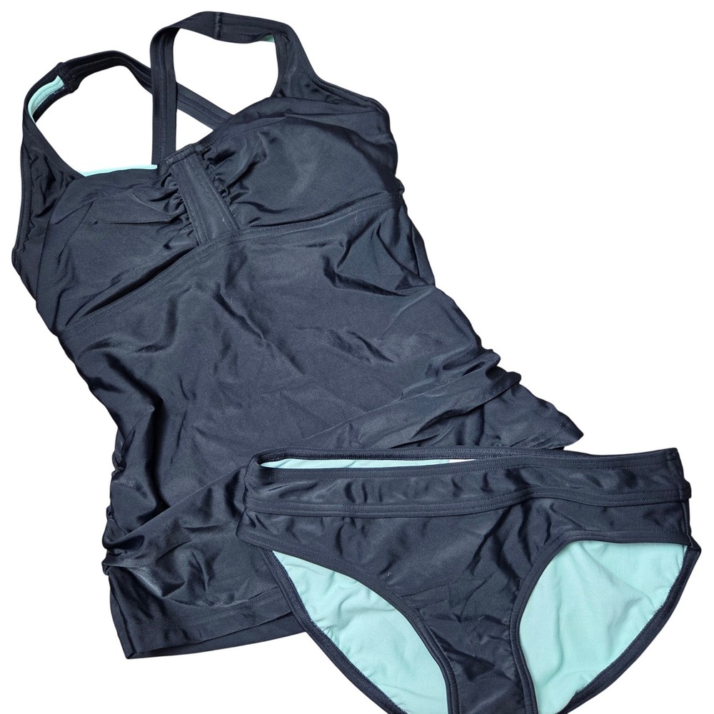 NWT Prana Black XS 32D Ruched Tankini Set Side Tie Swim Beach
